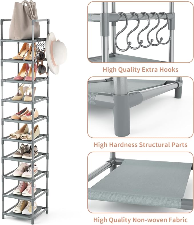 LANTEFUL Narrow Shoe Rack 10-Tier Tall Shoe Organizer Skinny Shoe Shelf Storage for 10-15 Pairs Shoe and Boot, Space Saving Corner Shoe Rack Organizer for Closet, Entryway, Living Room, Grey - Image 4