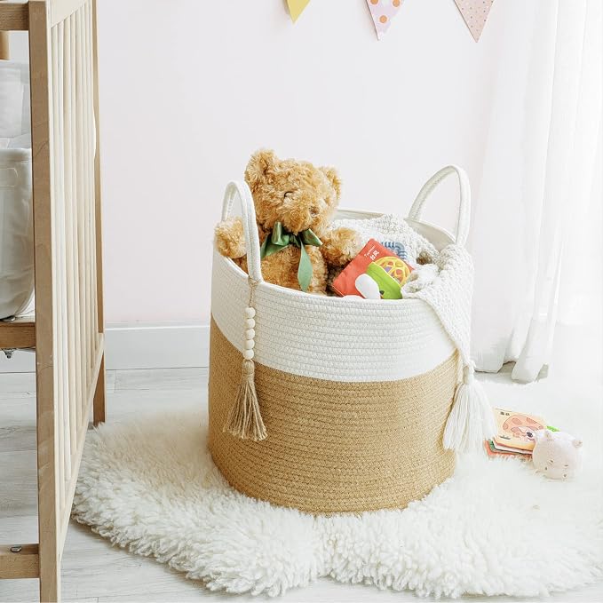 Mkono Woven Storage Basket Decorative Natural Rope Basket Wooden Bead Decoration for Blankets,Toys,Clothes,Shoes,Plant Organizer Bin with Handles Living Room Home, 16" Wx13.8 L, Cream White and Brown - Image 2