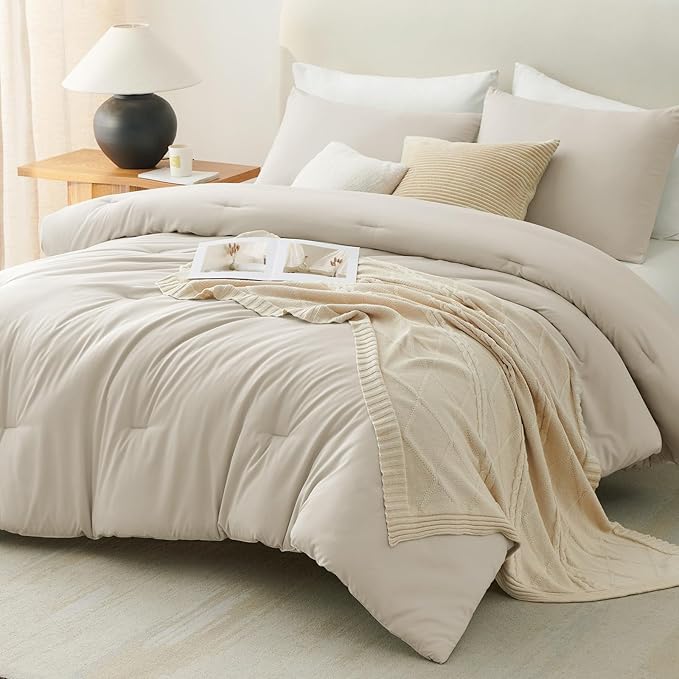 CozyLux Full Size Comforter Set Oatmeal, 3 Pieces Solid Breathable Quilted Bedding Sets, Luxury Lightweight Soft Bed Set with Down Alternative Comforter and 2 Pillowcases for All Seasons