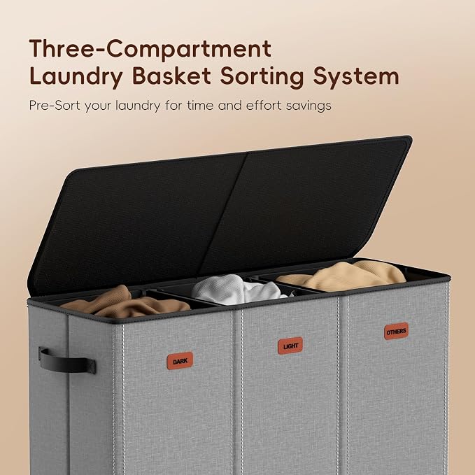 185L Laundry Hamper 3 Section, Laundry Hamper with Lid, Dirty Clothes Hamper with 3 Removable Washing Bags, Extra Large Laundry Basket Organizer for Bedroom, Laundry Room, Dorm - Gray - Image 4
