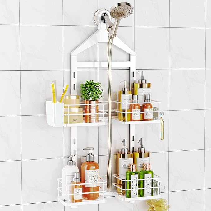 ODesign 2 Tier Height-Adjustable Shower Caddy Hanging Anti-Swing-Over The Shower Head Caddy-Storage Organizer Bathroom Shelves Basket-White by ODesign