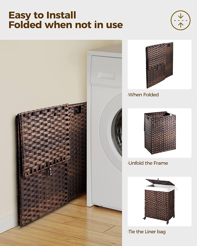Greenstell Laundry Hamper with Wheels, No Install Needed, 90L Divided Handwoven Hampers & 2 Removable Liner Bags, Synthetic Rattan Clothes Laundry Basket with Lid & Handles, Foldable Hampers Brown - Image 9