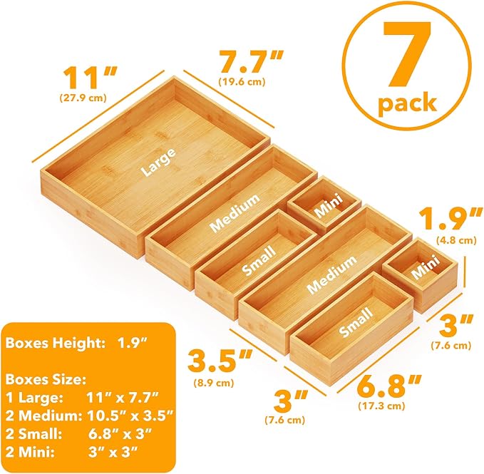 SpaceAid 7-Piece Bamboo Drawer Organizer Storage Boxes Set, Wood Tray Junk Drawer Organizers Multi-Use Divider Bins for Kitchen, Bathroom, Office Desk and Makeup Organization (7 Pack, Natural) - Image 3