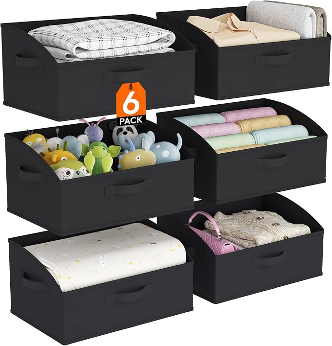 Lifewit Trapezoid Closet Storage Bins for Shelf, 6 Packs Non-woven Closet Organizer Baskets with Handles, Foldable Clothes Containers Boxes for Clothing, Book, Purse, 19L, Large, Black by Lifewit