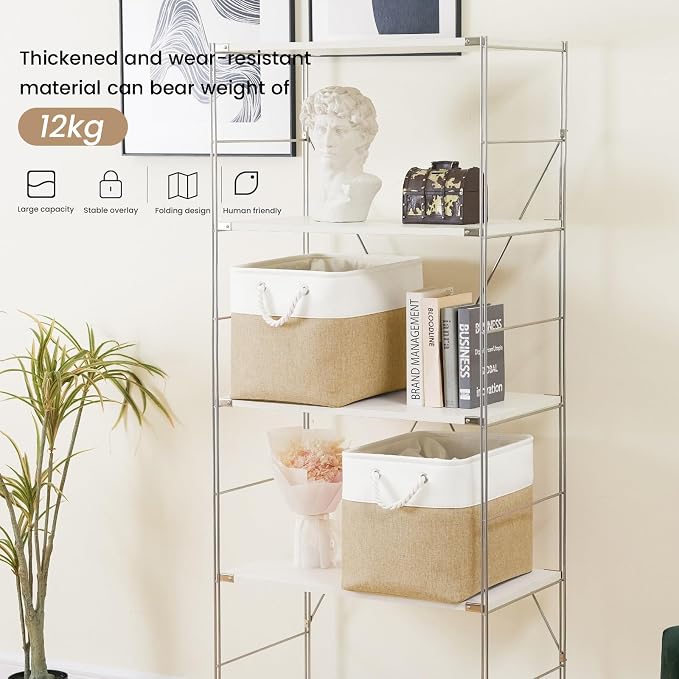 Large Storage Baskets- 16x12x12 inch Storage Bins for Shelves and Closet Organizing, Foldable Fabric Bin for Home Organization Clothes and Laundry (1-Pack, White&Khaki) - Image 3