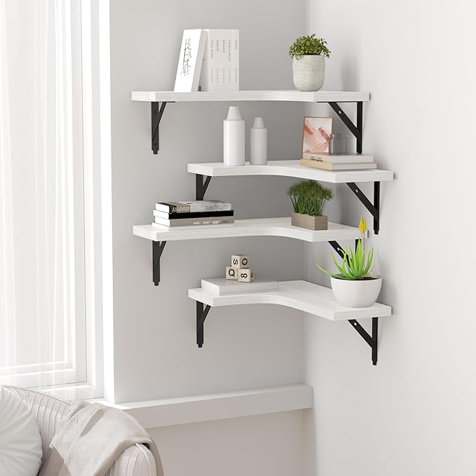 ROMGUAR CRAFT Corner Floating Shelves Wall Mounted Set of 4, Rustic Wood Storage Display Shelves for Home Decor, Bathroom, Kitchen, Bedroom, Living Room, Office (White) - Image 5