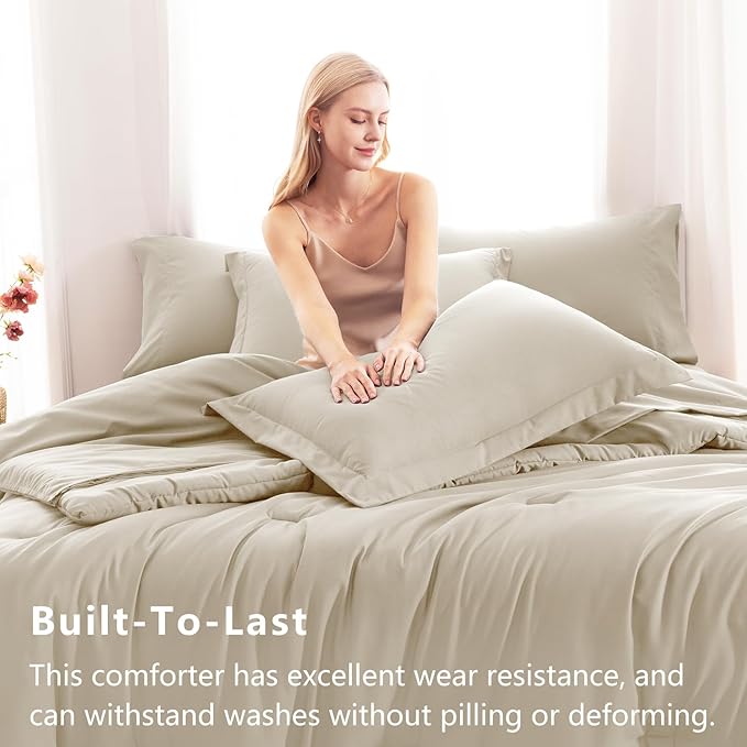CozyLux Full Size Comforter Sets Oatmeal, 7 Pieces Bed in a Bag Full Comforter Set with Sheets, Luxury Bedding Set with Down Alternative Comforter, Fitted Sheet, Flat Sheet, Pillowcases & Shams