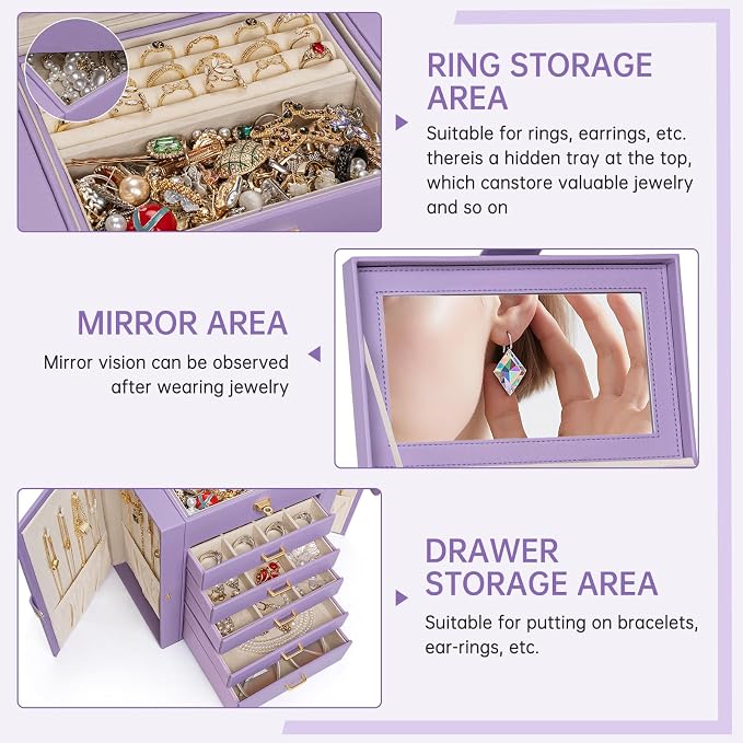 AKOZLIN 6-Tier Jewelry Box Organizer Functional 5 Drawers Leather Jewelry Storage Case for Women Girls Ring Necklace Earring Bracelet Holder Organizer with Mirror Violet - Image 2