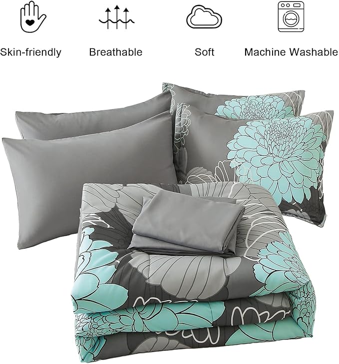 Yiran California King Comforter Set Grey Floral Comforter for All Season Cal King Soft Microfiber Bedding Set,7 Pieces,104"x96"