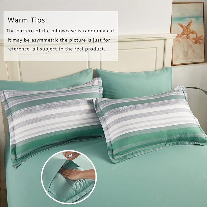 KAKIJUMN 7 Piece Bed in a Bag Stripe Comforter Set King Size, White Grey Sage Green Patchwork Striped Comforter and Sheet Set, All Season Soft Microfiber Complete Bedding Sets(Green,King)