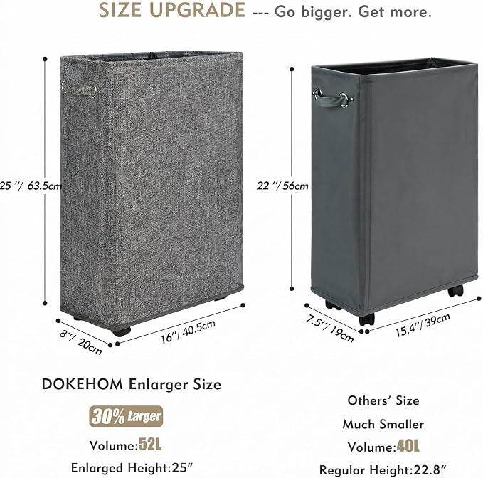 DOKEHOM 25-Inches Slim Laundry Basket on Wheels, Collapsible Rolling Laundry Hamper, Foldable Narrow Corner Clothes Storage Bins (Linen Grey) - Image 3