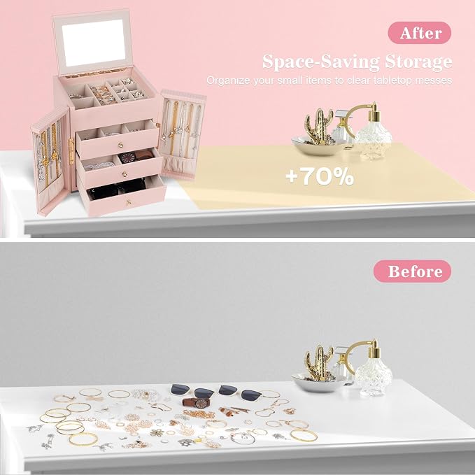 Dajasan Large Jewelry Box Organizer, Jewelry Storage with 3 Drawers, Huge Jewelry Box with Mirror, Gift Idea for Women, Girls, Double Door, Textured PU Leather Surface, Stylish (Pink + Gold) - Image 7