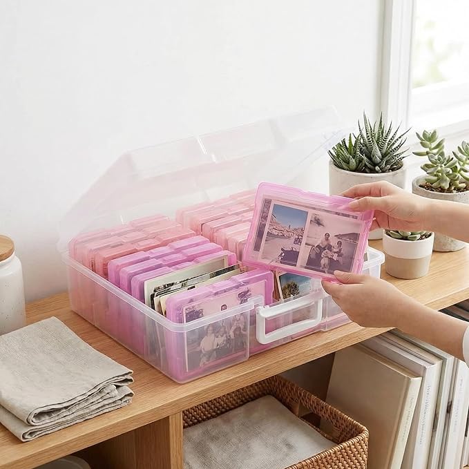 novelinks Transparent 4" x 6" Photo Cases and Clear Craft Keeper with Handle, 16 Inner Photo Organizers & Photo Storage Box, Plastic Photo Storage Containers (Pink Gradient) - Image 5