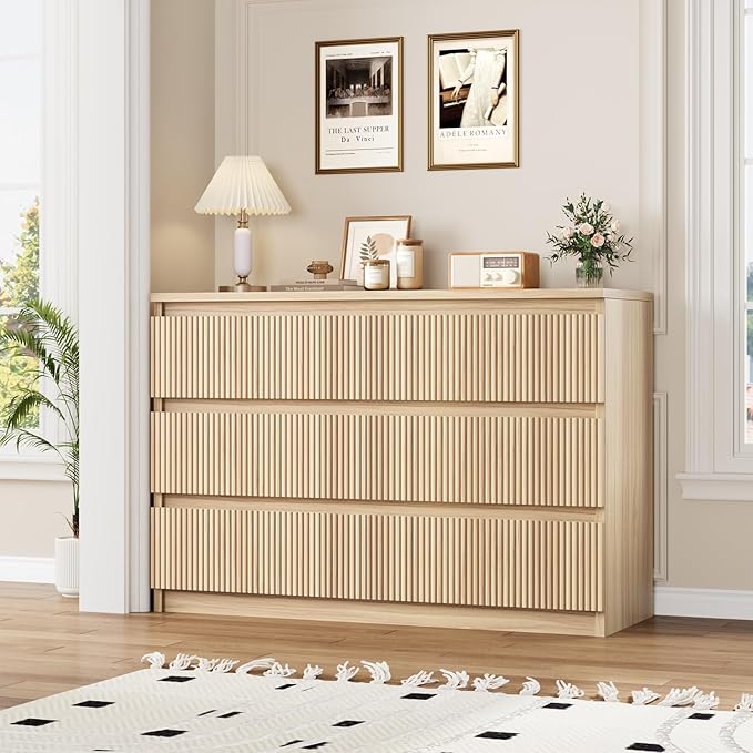 Jocoevol Oak 6 Drawer Dresser for Bedroom, Modern Fluted Dresser, Bedroom Dressers with Drawers, Large Double Wooden Chest of Drawers for Living Room, Hallway