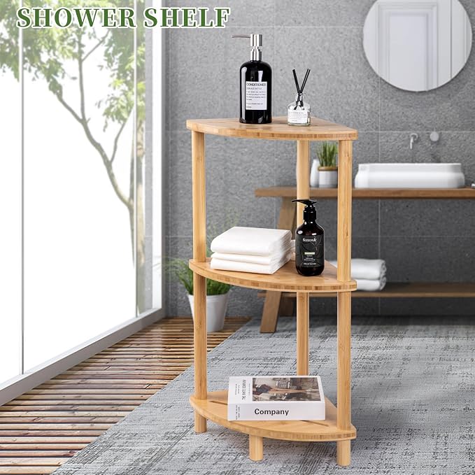 Corner Shower Caddy Stand, Bamboo Shower Organizer Standing with Anti-Slip Feet, Bathroom Corner Shelf,Waterproof & Durable, Space-Saving Design Storage for Kitchen or Living Room - Image 6