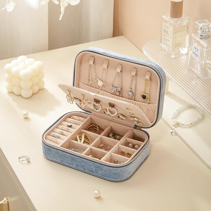 CASEGRACE Plush Velvet Travel Jewelry Box, Portable Jewelry Case for Women Girls, Double Layer Jewelry Organizer Display Box for Necklace Earring Rings Bracelet, Travel Accessory Gifts, blue - Image 6