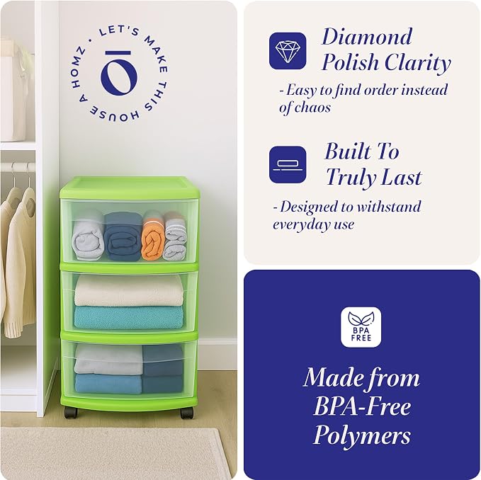 HOMZ 2-Pack Drawer Tower, 3-Tier Clear Plastic Storage Organizer Cart, Bold Lime Frame - Organizing Containers with Wheels for Home, Bathroom, Bedroom, Office, and Classroom - Image 4