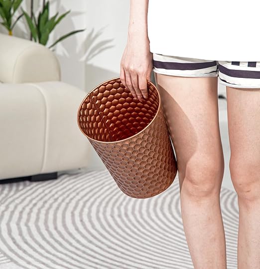 Venalys Small Metal Trash Can Wastebasket, Decorative Honeycomb Garbage Can Waste Basket, Modern Farmhouse Round Trash Bin for Bathroom, Bedroom, Kitchen and Office (Copper) - Image 9