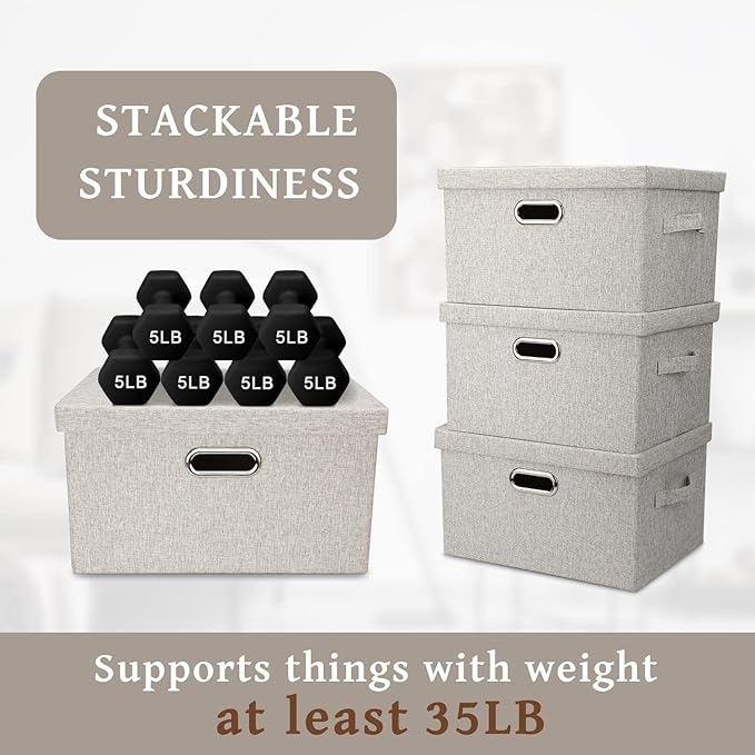 Graciadeco Medium 15" 21 Quart Collapsible Stackable Storage Bins with Lids, 3 Packs Beige Foldable Fabric Closet Boxes Heavy-duty Linen Cube Baskets Container for Bedroom Office (15 x 11 x 8) - Image 4