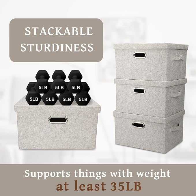 Graciadeco Medium 15" 21 Quart Collapsible Stackable Storage Bins with Lids, 1 Pack Beige Foldable Fabric Closet Storage Boxes with Lids, Heavy-duty Linen Baskets for Bedroom - Image 4