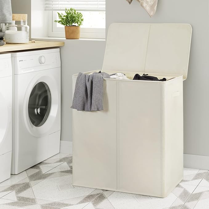 WOWLIVE 154L Double Laundry Hamper with Lid and Removable Laundry Bags, Large Dirty Clothes Hamper 2 section Collapsible Laundry Basket Dorm Room Storage for Bedroom, Bathroom, College,Beige - Image 3