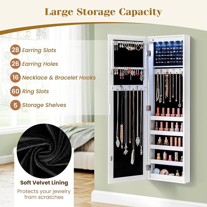 Giantex Wall or Door Mounted Jewelry Cabinet with Full Length Mirror, Over The Door Jewelry Armoire Organizer with Lights, Large Storage with Necklace Hooks, Earring Slots & Shelves (White) - Image 3