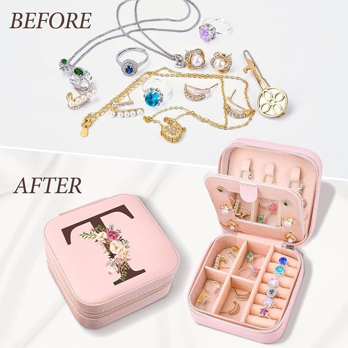 Inngeroo Mom Gifts for Women from Daughter Son, Travel Jewelry Case Box Organizer Personalized Gifts for Mom Wife Women, Gift for Friend Sister Grandma Aunt, Initial T - Image 5