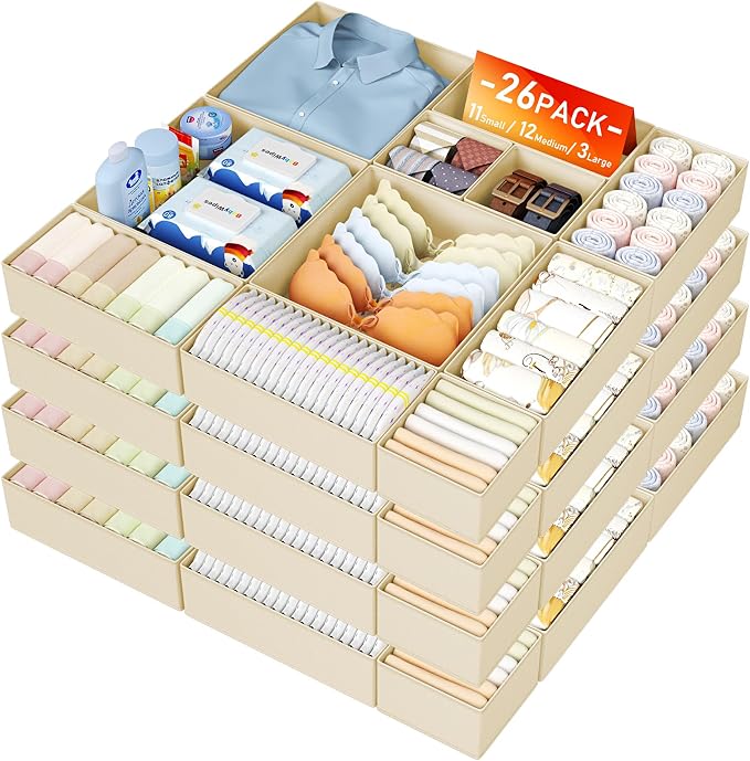 DIMJ Drawer Organizer Clothes, 26 Pack Dresser Organizer, Foldable Closet Organizers and Storage, Fabric Dresser Bins, Drawer Dividers for Nursery, Baby Clothes, Underwears, Sock,Beige by DiMJ