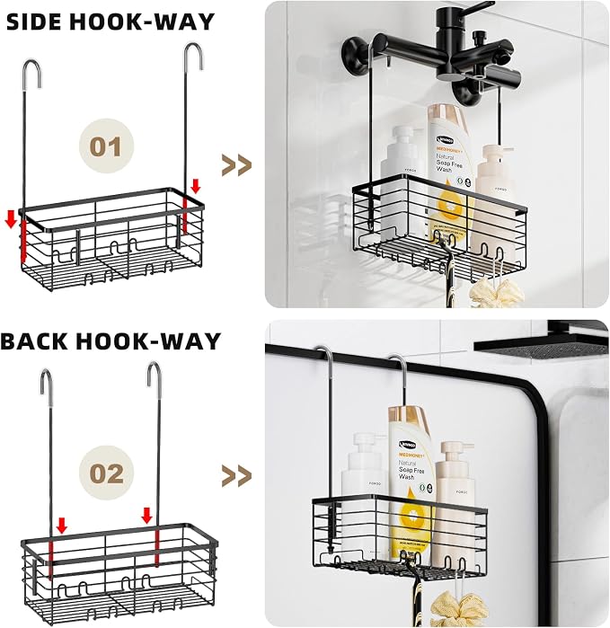 SHANSHUI Shower Hanging Caddy, Bathroom Shower Organizer Basket, Shampoo Bracket Over Door Rack with Hooks, 304 Stainless Steel - Image 3