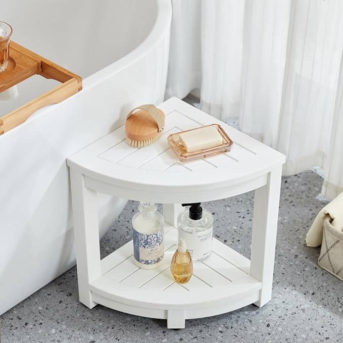 KaimuBench Corner Shower Stool for Inside Shower Waterproof, Poly Lumber Bathroom Shower Corner Bench Seat, Plastic Shower Chair Seat, Shower Shaving Foot Rest with Adjustable Feet, Non-Slip, White - Image 2