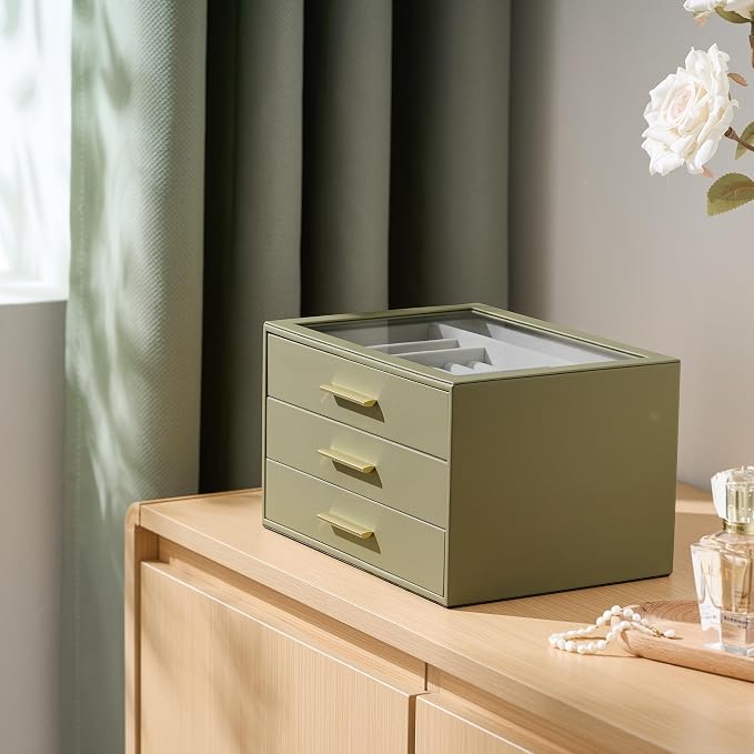 Jewelry Box Organizer Case for Women: 3-Layer Jewelry Storage Case with Glass Window, Olive Green Leather with Cream Velvet, Holder for Ring Necklace Bracelet Brooch Watch, Great Gift for Her - Image 3