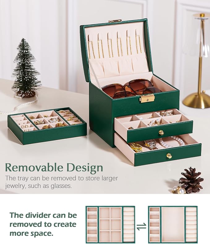 Homde Mothers Day Gifts Small Girls Jewelry Box with Lock: 3 Layer Organizer with Removable Tray - Storage for Ring Necklace Earring - Birthday & Return Gifts for Young Women (Midnight Green) - Image 4