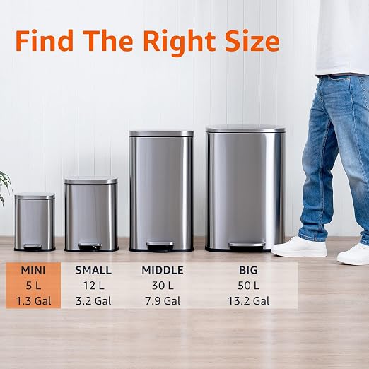 Amazon Basics Smudge Resistant Mini Rectangular Trash Can with Soft-Close Lid, Foot Pedal, Removable Inner Bucket, 5L/1.32 Gal, Brushed Stainless Steel, for Bathroom & Small Space, Satin Nickel Finish - Image 4