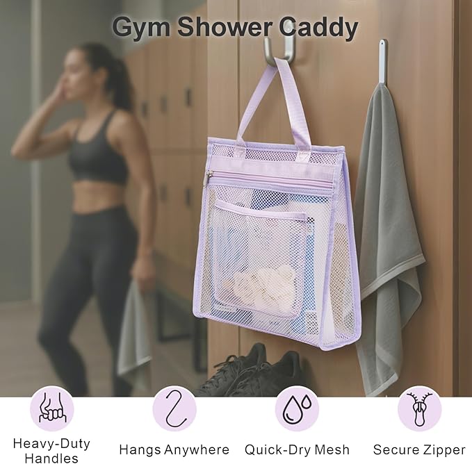 F-color Mesh Shower Caddy Portable Hanging - 3 Pockets Small Shower Bag Tote for Camping, Gym, Travel, Toiletry, Quick Dry Bathroom Essentials with S Hook, Purple - Image 2