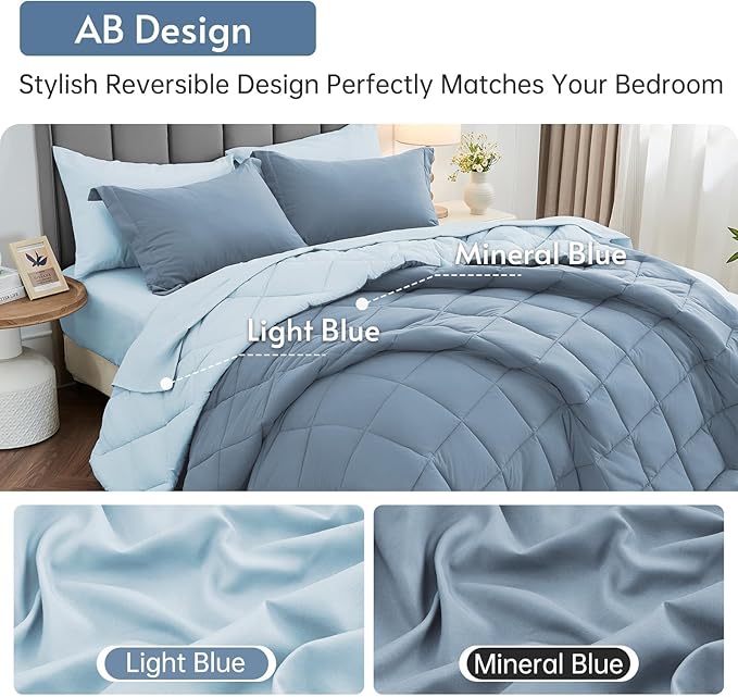 MUXHOMO 7 Pieces California King Comforter Set, Reversible Bed in a Bag Cal King Size, All Season Bedding Set with Comforter, Flat Sheet, Fitted Sheet, Pillowcases & Shams, Mineral Blue & Light Blue