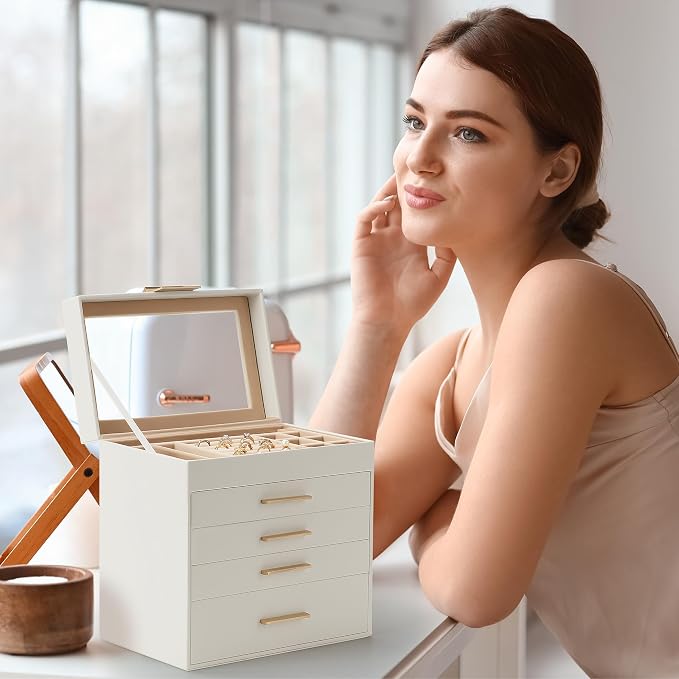 Somduy Jewelry Box, 5 Layers Jewelry Storage Display Box with Glass Lid for Women, 4 Drawers,Large Capacity for Necklace Earrings Bracelets Rings,White - Image 7