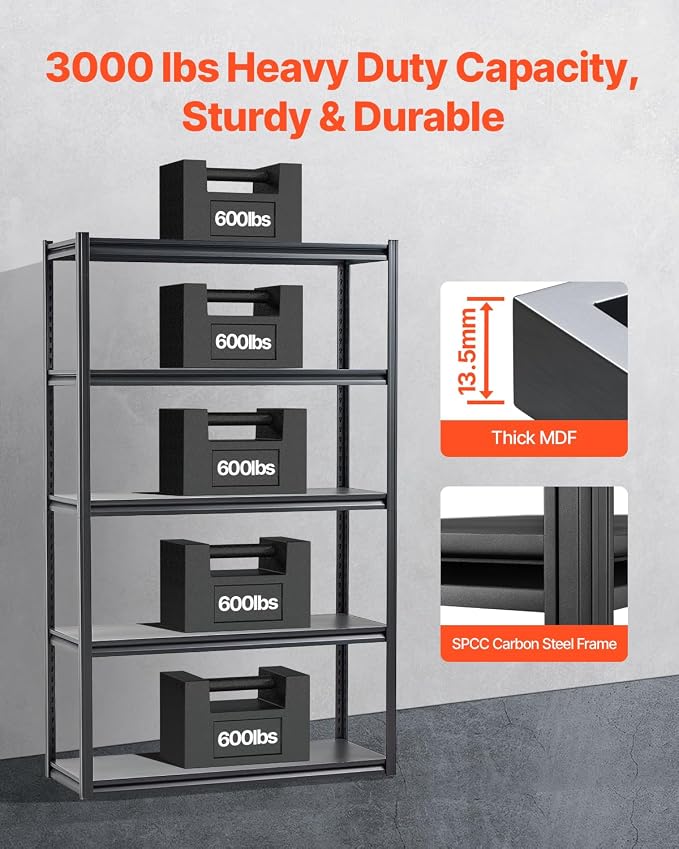 VEVOR Storage Shelves, 3000 lbs, 5 Tier Garage Storage Shelving, 18" D x 48" W x 78" H Adjustable Metal Shelves for Garage Shelves Utility Rack Shelf, Ideal for Kitchen, Warehouse, Basement, Black - Image 4