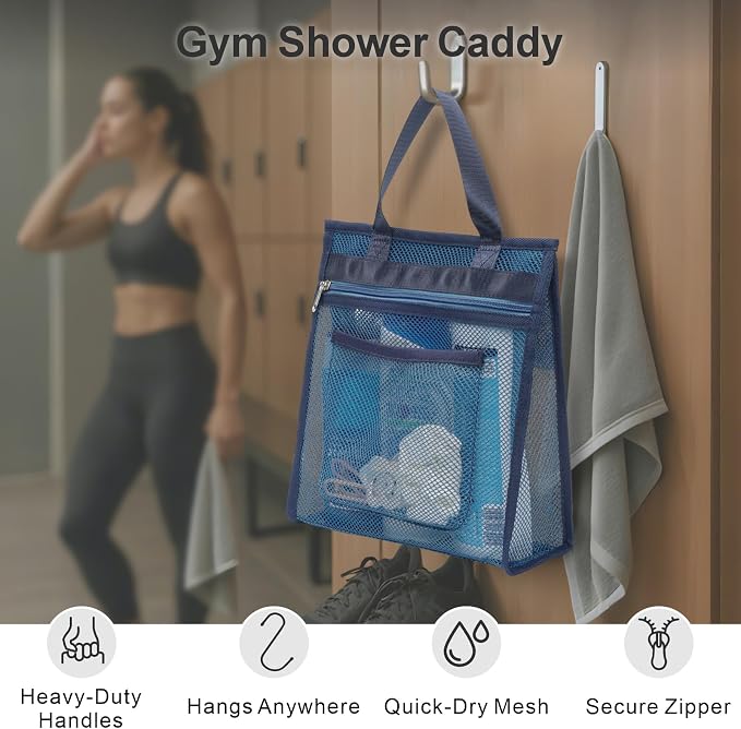 F-color Mesh Shower Caddy Portable Hanging - 3 Pockets Small Shower Bag Tote for Camping, Gym, Travel, Toiletry, Quick Dry Bathroom Essentials with S Hook, Navy Blue - Image 2