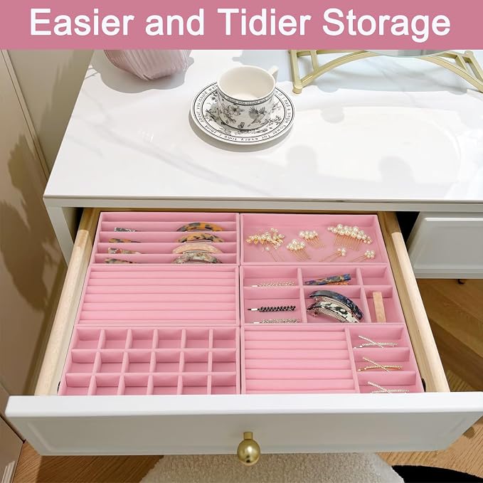 12Pcs Velvet Stackable Jewelry Trays, Jewelry Drawer Organizer, Large Removable Display Jewelry Tray, Necklace Bracelet Storage Box for Earring, Ring, Brooch, Watch (Pink) - Image 8