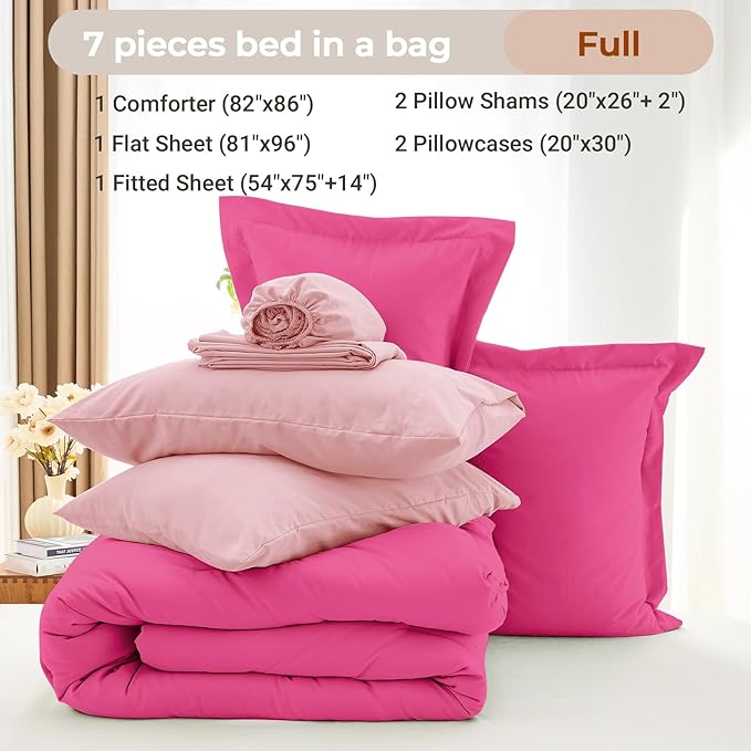 MUXHOMO 7 Pieces Full Comforter Set, Soft Bed in a Bag Full Size, All Season Bedding Set with Comforter, Flat Sheet, Fitted Sheet, Pillowcases & Shams, Hot Pink & Baby Pink