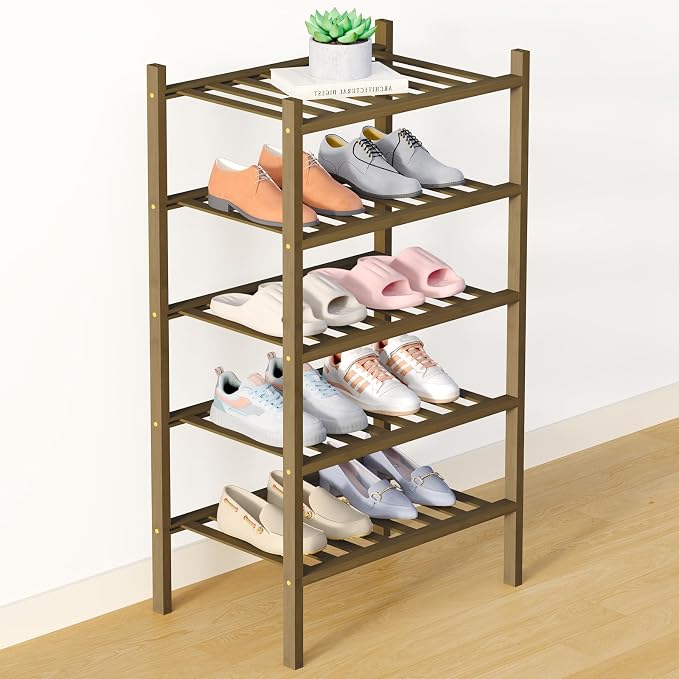 Smiry Bamboo Shoe Rack for Closet, 5 Tier Small Wooden Stackable Shoe Organizer, Free Standing Shoes Storage Shelf for Entryway, Front Door Entrance, Walnut by Smiry
