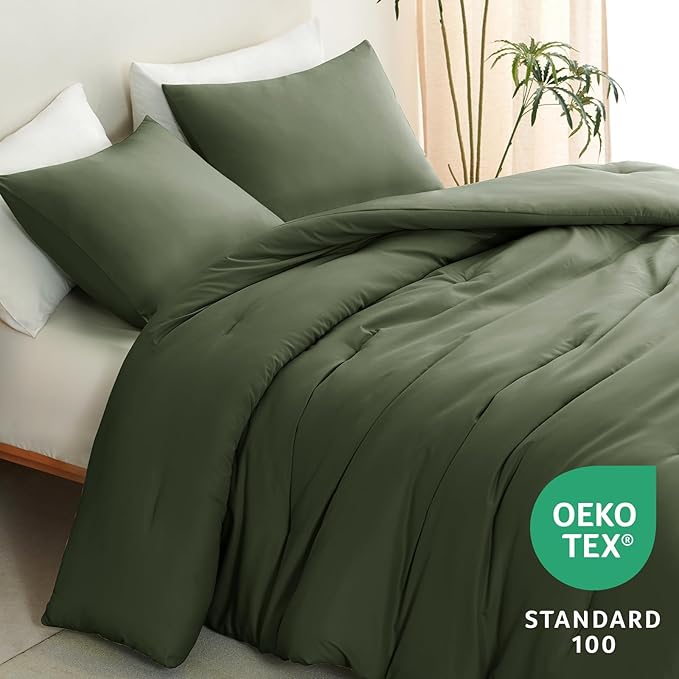 CozyLux Queen Comforter Set Olive Green, 3 Pieces Solid Comforters Queen Size Breathable Bedding Sets, Luxury Soft Lightweight Bed Set with Down Alternative Comforter and 2 Pillowcases All Seasons