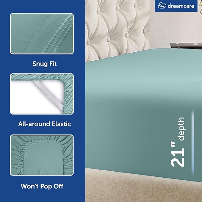 DREAMCARE Queen Sheet Set - 6 pcs Breathable Cooling Bed Sheets - up to 21" Extra Deep Pocket Queen Sheets Set with Side Pockets - Extra Soft 100% Brushed Hypoallergenic Hotel Luxury Bedding -Spa Blue