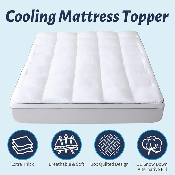 Thick Mattress Topper Twin with Deep Pocket, Extra Pillow Top Mattress Pad, Breathable & Cooling Mattress Cover, Fits 8-21 Inch, Soft Support for Back Pain Relief, Mattress Protector (Twin, White)