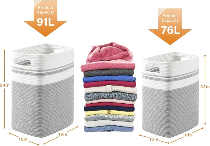 OIAHOMY 91L Laundry Hamper, XXXLarge Laundry Basket, Collapsible Cotton Rope Basket,Woven Storage Basket for Blankets,Clothes,Pillows-16x15x24-Grey - Image 3