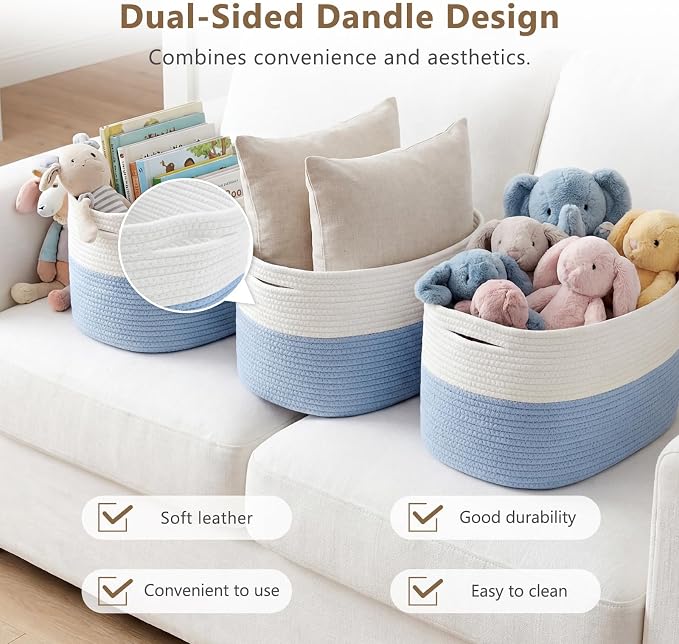 ECDYQXVU Cotton Rope Storage Basket, 15x10x9 Inches, Woven Basket for Shelves, Clothes, Towels, Books, and Laundry, White Blue (3 Pack) - Image 4
