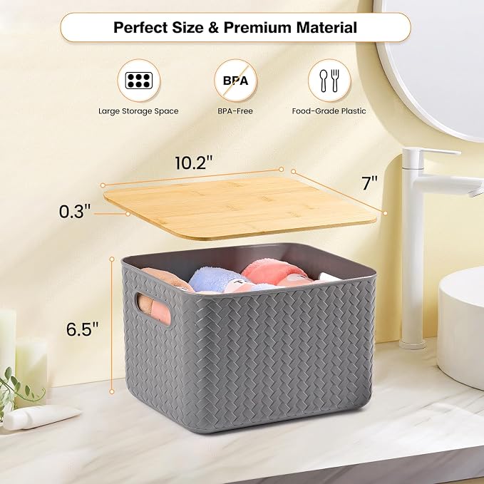 Ohmlove 4 Packs Storage Bins with Bamboo Lids - Plastic Storage Containers with Lids Stackable Storage Box：Storage Baskets for Organizing Desktop Closet Playroom Classroom Office,Gray - Image 2