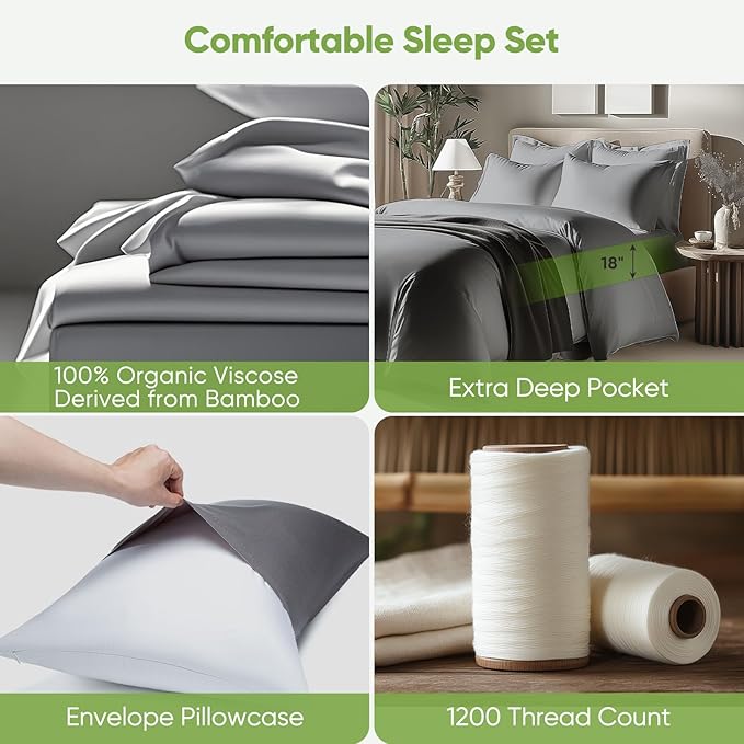 TWK Luxury Sheet Set, Genuine 100% Organic Viscose Derived from Bamboo, Cooling & Breathable, Silky Soft, Bedding Sheets & Pillowcases (Gray, Queen)