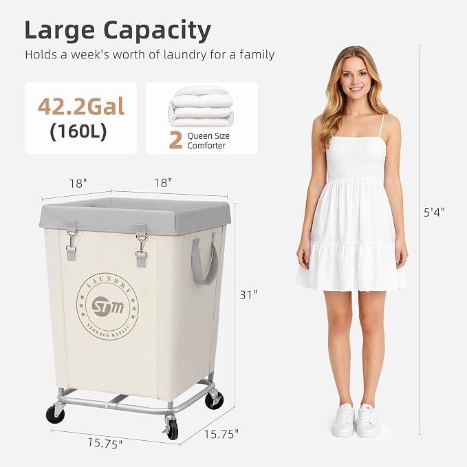 STORAGE MANIAC Commercial Laundry Hamper with Heavy Duty Steel Frame, 160 L Industrial Laundry Basket Cart with Wheels for Hotel, Home, Laundry Room, 18''L x 18''W x 31''H, Medium Beige - Image 3