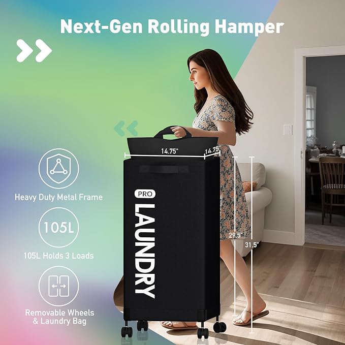 Caroeas Next-Gen 105L Matel Frame Laundry Basket with wheels, Heavy Duty Tall Rolling Laundry Hamper with Removable Wash Bag, Collapsible Freestanding Clothes Hamper (100L,Black,1Pack) - Image 2